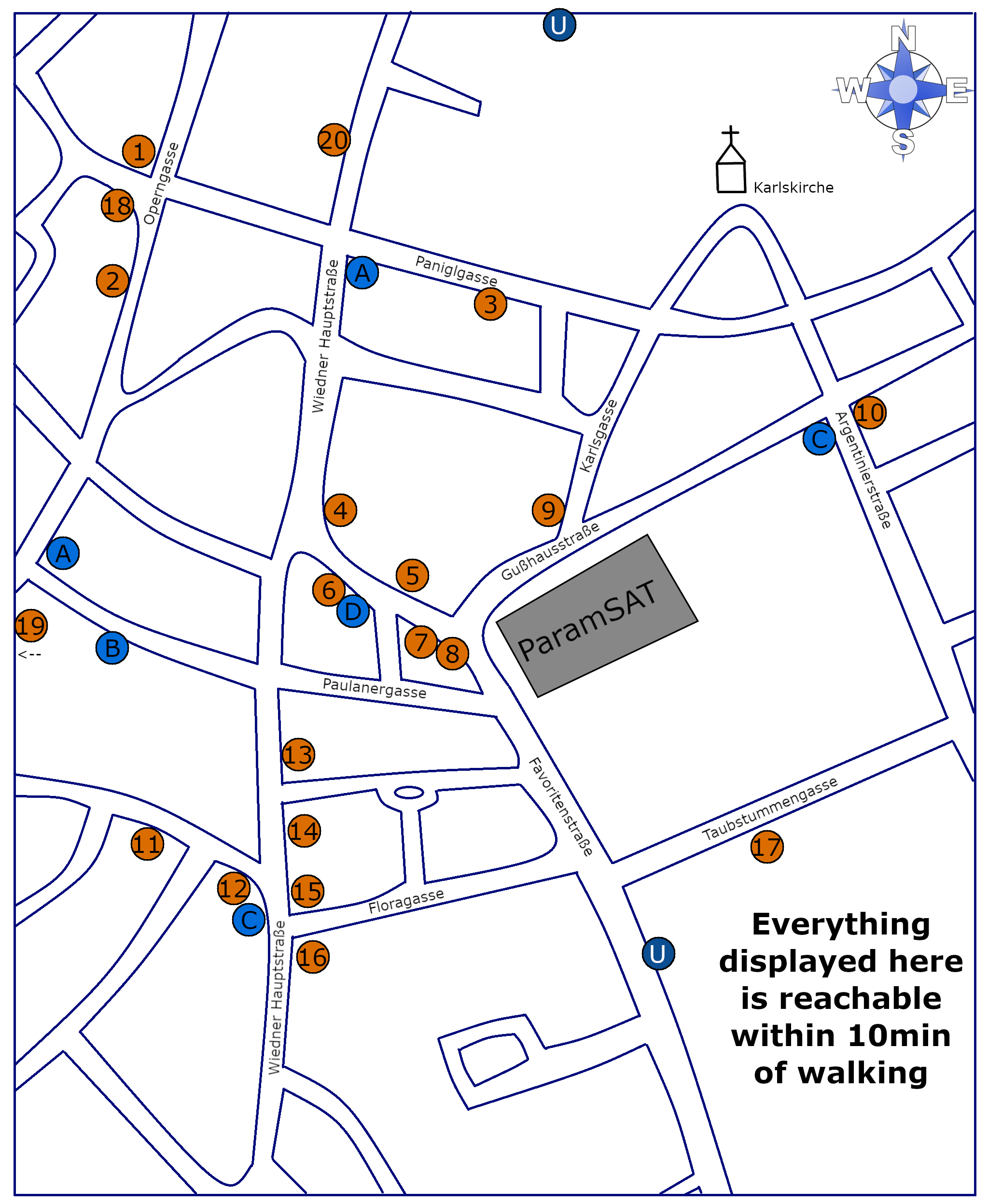 Map of food options near TU Wien